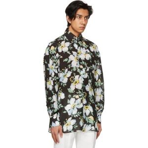 Tom Ford Floral Print Shirt Button Down in Black / Blue Print, size L